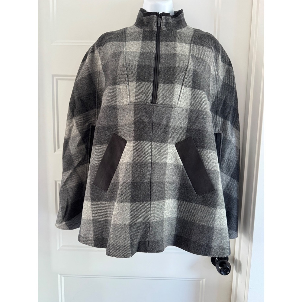 Brooks Brothers Buffalo Plaid Wool Cloak Grey Black Quarter Zip Cape Poncho M